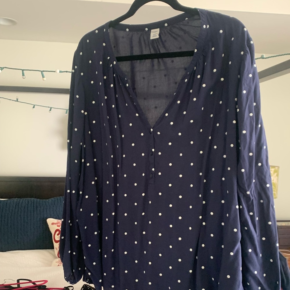 Navy with White Polka Dot Peasant Style Top